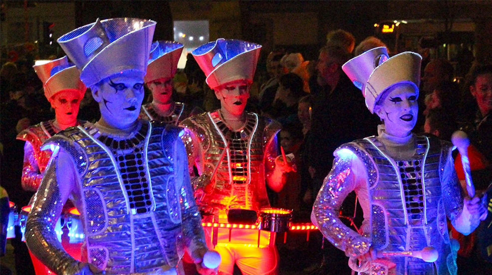 Annual Halloween Parade through the streets of Paisley, Scotland featuring illuminated ghostly drummers